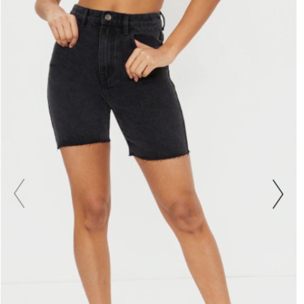PRETTYLITTLETHING Washed Black Longline Fitted Denim Shorts